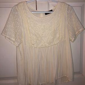 Cream White Short Sleeve Embroidered Blouse